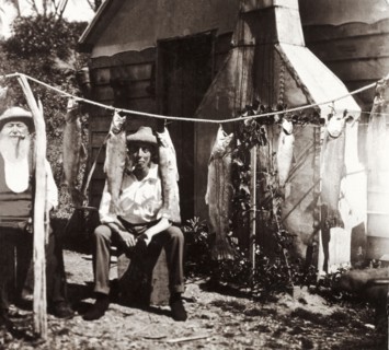Admiring the day's fishing catch, New Zealand. Two men smoking pipes sit and admire a selection of