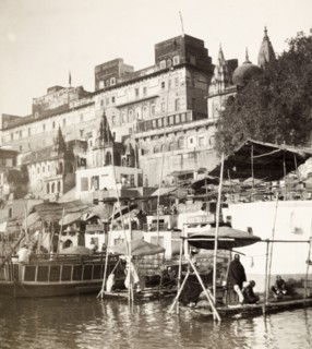 Ghats at Benares. View of a ghat (stepped wharf) on the River Ganges at Benares, one of Hinduism's