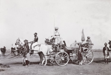 State carriage of Patiala, 1903. A team of white horses pull the ornate, silver state carriage of