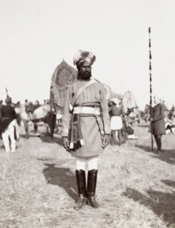Sikh soldier at Coronation Durbar, 1903. A Sikh soldier of an Indian irregular cavalry unit stands