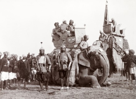 Bhopal State procession at Coronation Durbar, 1903. Two armoured soldiers of Bhopal State stand