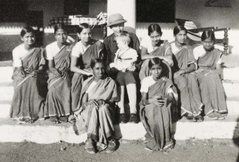 Chikmagalur Girl Guides. Group portrait of the Chikmagalur Girl Guides seated on the steps of a