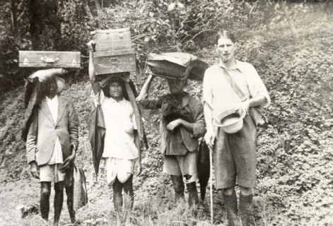 Trekking in the Baba Budan Giri mountains. Reverend Norman Sargant and three Indian porters trek