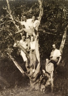 Picnicking at Baruipur. A group of male and female friends pose playfully in a tree during a picnic