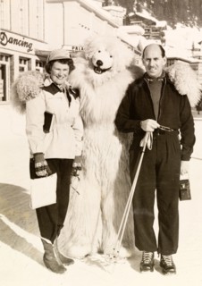 Posing with a polar bear, Switzerland. James and Eileen Murray pose with a performer in polar bear