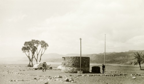 A fortified outpost in Palestine. A British military officer arrives at a fortified outpost in a