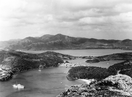 English Harbour and the Antiguan coastline. The settlement of English Harbour lies at the centre of