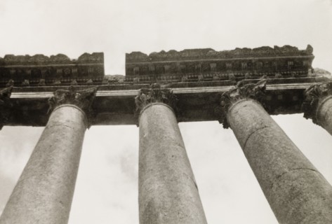 Corinthian columns at Baalbek. Upward view of the Corinthian columns at Baalbek, once one of the
