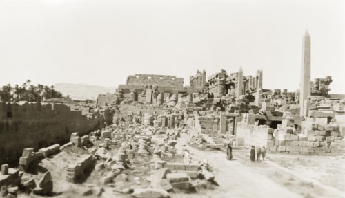The Karnak Temple complex, 1945. View across the ancient ruins of the Karnak Temple complex.