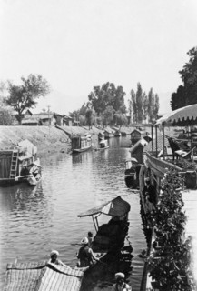 Shikaras on a Srinagar canal. Several shikaras (houseboats) are moored along the banks of a