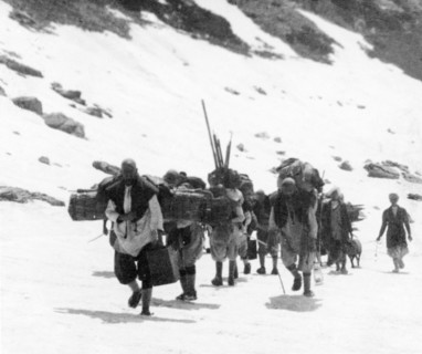 Final ascent to the peak of Sheshnag Mountain. A group of mountain guides make their final ascent