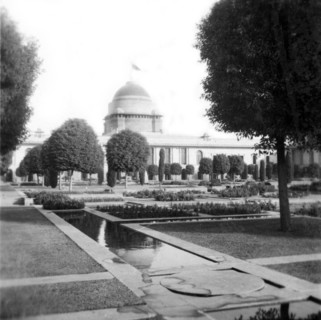 View of the Viceroy's House in New Delhi. View across Mughal-style gardens, looking towards the