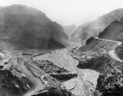 Jangi Gorge in the Khyber Pass. Cattle and horses are herded along the road to Landi Khana, which