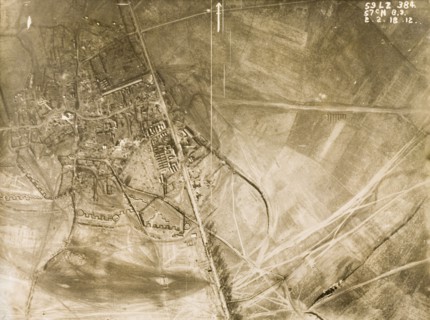 Aerial view of Sapignies, 1917. One of a series of British aerial reconnaissance photographs