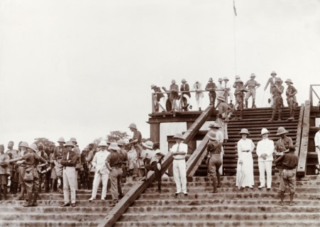 British colonial officers in solatopi hats. A group of British colonial officers, dressed in