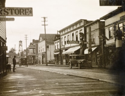 A boardwalk street in Wrangell. Shops flank a boardwalk street in the centre of Wrangell. Wrangell,