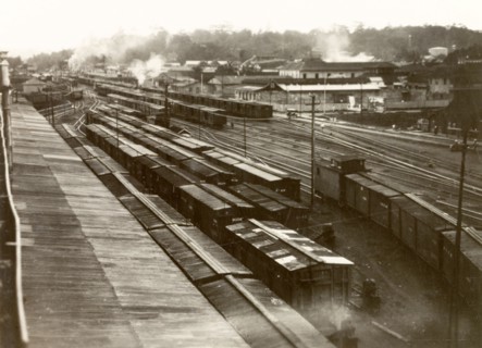Railway yard near Limon. Freight trains crowd sidings at a railway yard near Limon. Limon, Costa