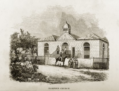 Hampden Presbyterian Church, Jamaica. A woodcut illustration of Hampden Presbyterian Church on the