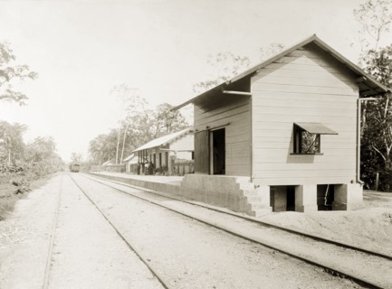 Guanapo railway station, Trinidad. A train approaches the newly completed Guanapo railway station