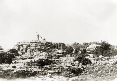 Semaphore signalling, Palestine. A British officer of the Royal Corps of Signals uses semaphore