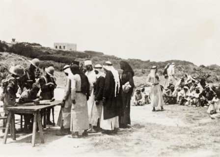 British military questioning Palestinian Arabs. British military officers question a group of Arab