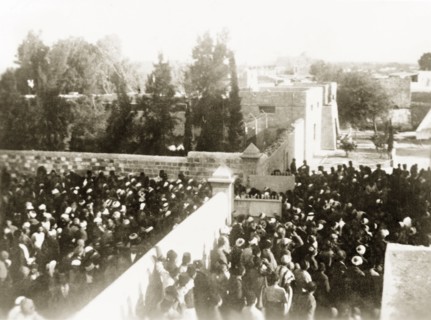 Arab procession in Gaza, 1938. Crowds of Palestinian Arabs throng the streets of Gaza during the