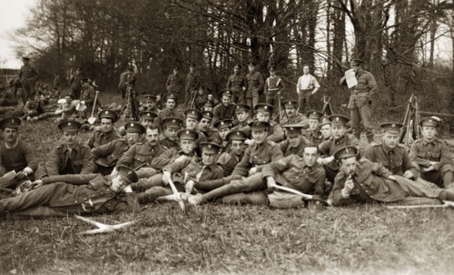 Soldiers on a training exercise at Andover. A group of soldiers, equipped with shovels and