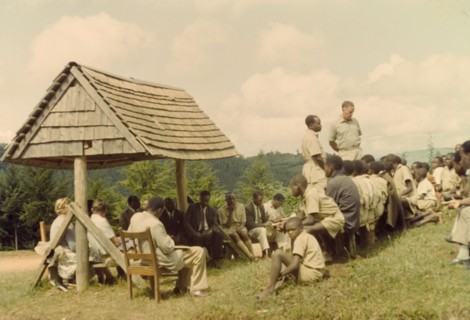Open day at Mafuga Forest nursery. George Webster (Chief Conservator of Forests) addresses a crowd