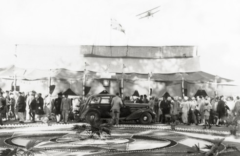 Reception at Jansath. An aircraft flies over guests at a reception at Jansath. Muzaffarnagar,