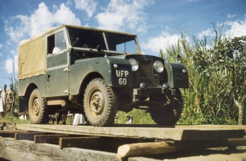 James Lang Brown tests a bridge. District Forestry Officer James Lang Brown drives a Land Rover