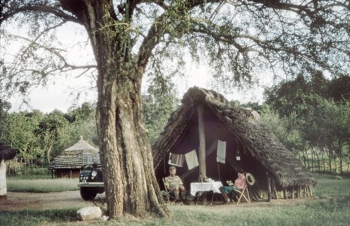 Kaabong rest camp. District Forest Officer James Lang Brown relaxes at a rest camp in Kaabong with