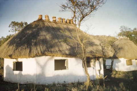 Sleeping quarters at Opotipot game camp. Thatched huts, sleeping quarters for visitors on safari at