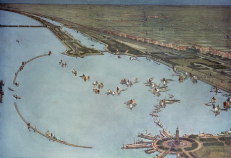 Bird's-eye view at night in Grant Park, the facade of the city, the proposed harbor, and the