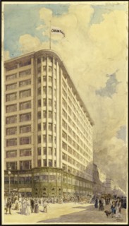Watercolor painting of Carson Pirie Scott flagship store 1903. Created by Albert Fleury