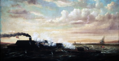 Battle of the Ironclads Monitor and Merrimac, March 9th, 1862.  Created by Torgerson, William