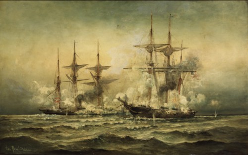 Kearsarge and Alabama off Cherbourg Harbor in France, June 19th, 1864.  Created by Poulsen,