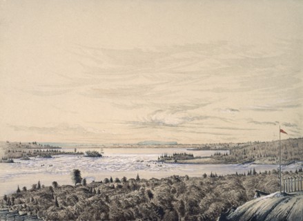 Sault de Ste. Marie between Lakes Huron and Superior, 1842.  Created by Ainslie, Henry Francis