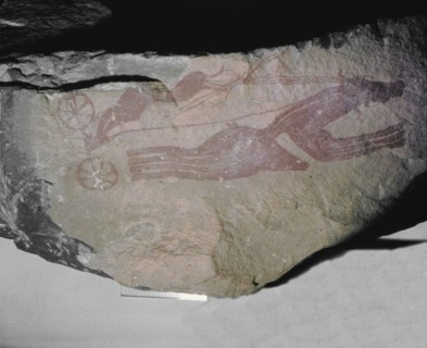 A rock painting from Tassili nAjjer, Sahara, depicting a horse and two wheeled chariot
