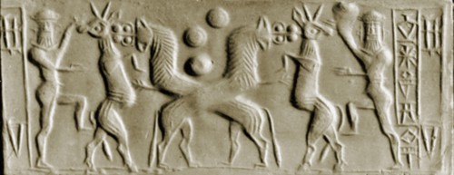 Cylinder seal depicting two crossed lions attacking a horned creature while the bearded hero, conventionally identified as Gilgamesh, assists