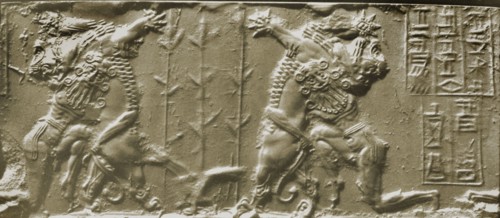 cylinder seal depicting the naked hero, Gilgamesh wrestling with a lion