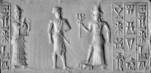 Old Babylonian cylinder seal with depiction of the man with the mace, conventional name for an unidentified possibly divine figure