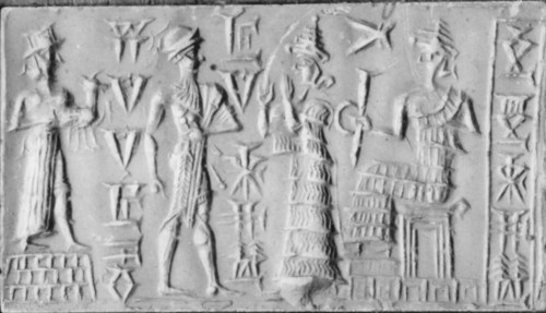 Old Babylonian seal depicting a goddess wearing the typical Syrian top hat stands on a platform facing a seated deity who holds the rod and ring, symbols of authority and judgement