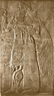 Winged protective spirit carrying an ibex (goat) and an ear of corn