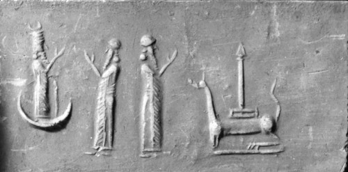 Seal depicting the moon god Sin standing on a crescent and receiving a prayer by the man standing before him