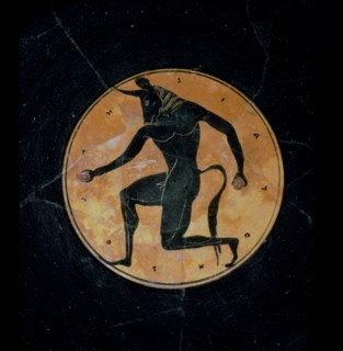 Attic, bilingual, eye cup with black figure interior depicting running minotaur and inscription reading the boy is beautiful