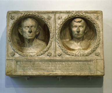 Part of the funerary monument of Lucius Antistius Sarculo, a free born Roman priest of the Salian order and his wife and freedwoman, Antistia Plutia