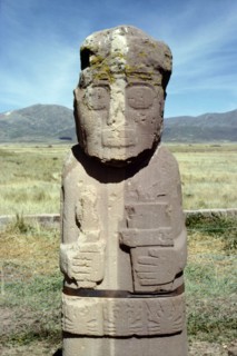 Monolithic stone sculpture, part of the great number of free standing carved stone figures found at the site of Tiahuanaco