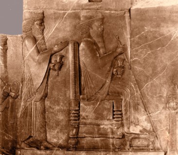 Relief showing Darius I seated, with Xerxes I standing behind