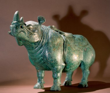 Rhinoceros shaped wine vessel (Zun) with a saddle on his back but missing his rider