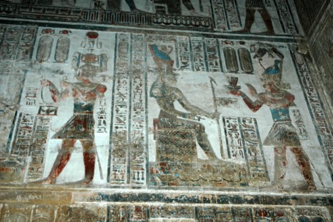 Painted relief carving from The Sanctuary of ritual offerings being made by the pharaoh to the goddess Hathor